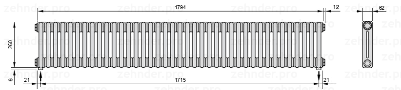 Схема (чертеж) Радиатор Zehnder Charleston 2026/39 №3570 Белый глянцевый RAL 9016